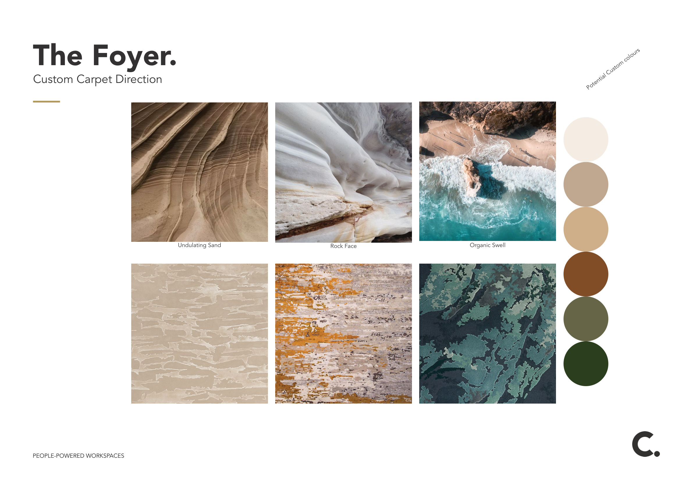 Foyer materiality board — stone, timber, greenery, marble