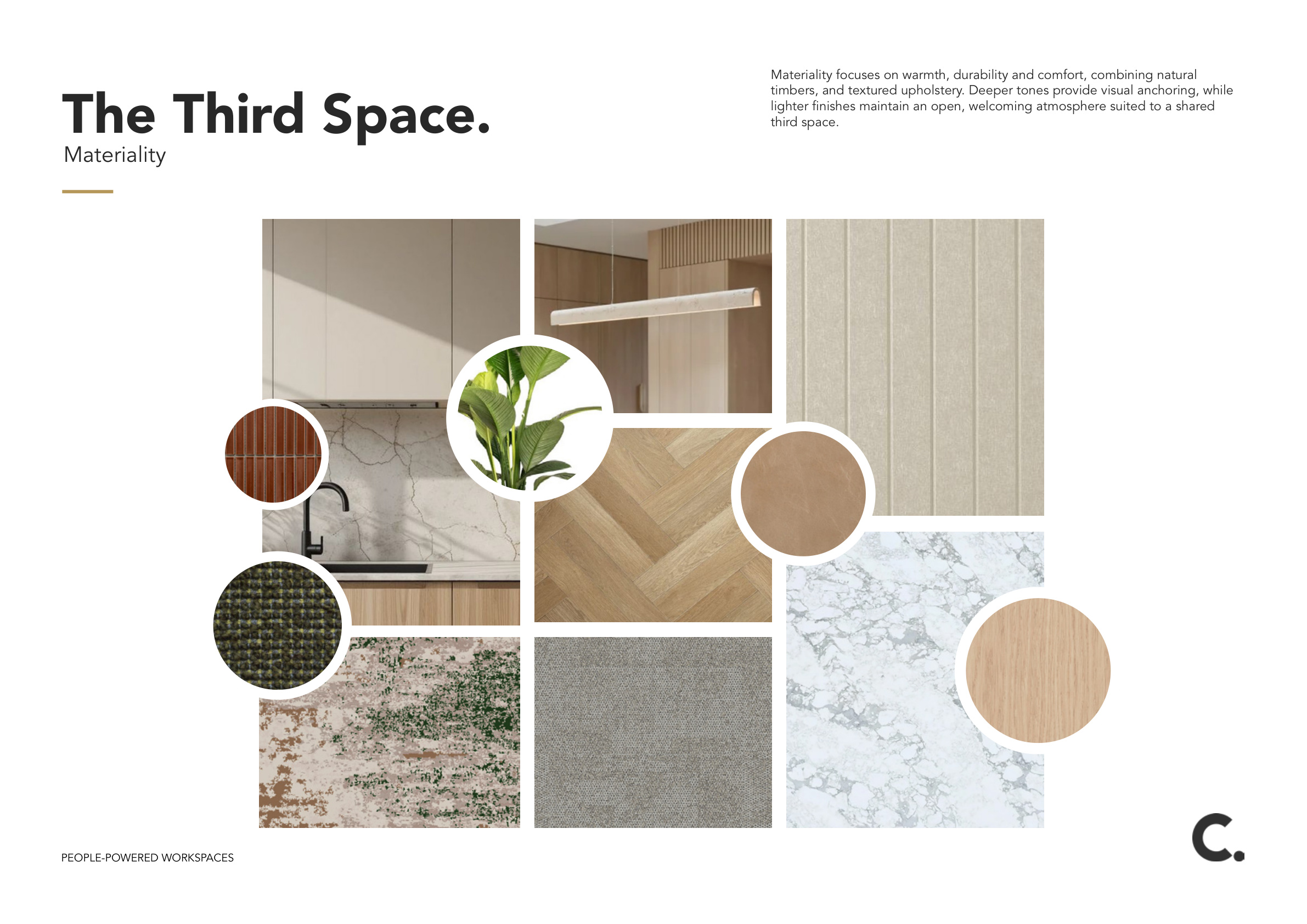Third Space materiality board — timber, upholstery, marble